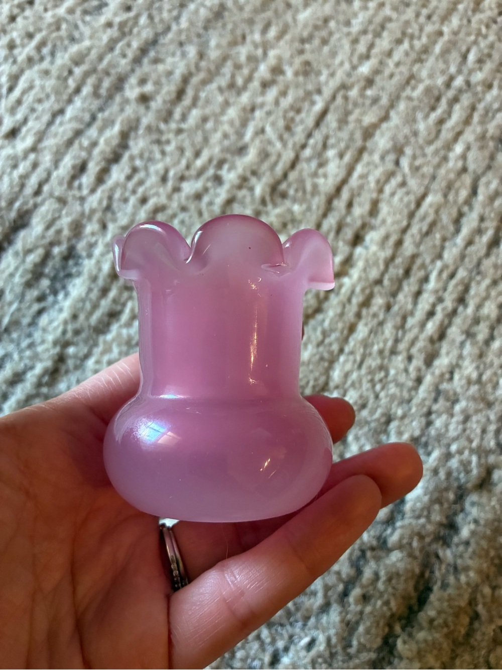 Vintage Pink Satin Glass Toothpick Holder Ruffled Rim Mid Century Murano Art